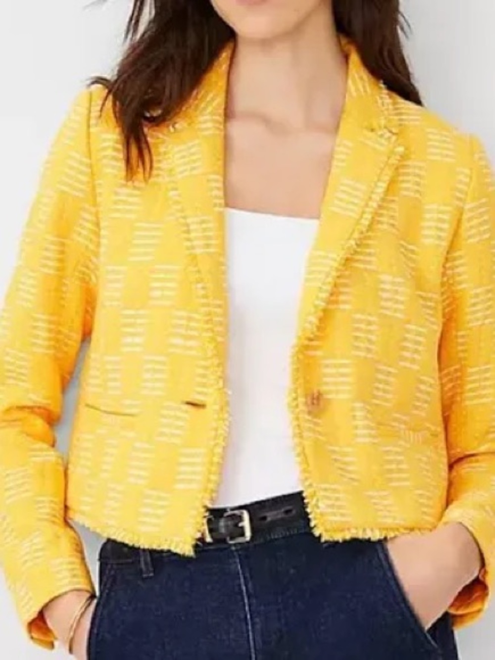 Ann Taylor Yellow & White Tweed Cropped Blazer Size 8P